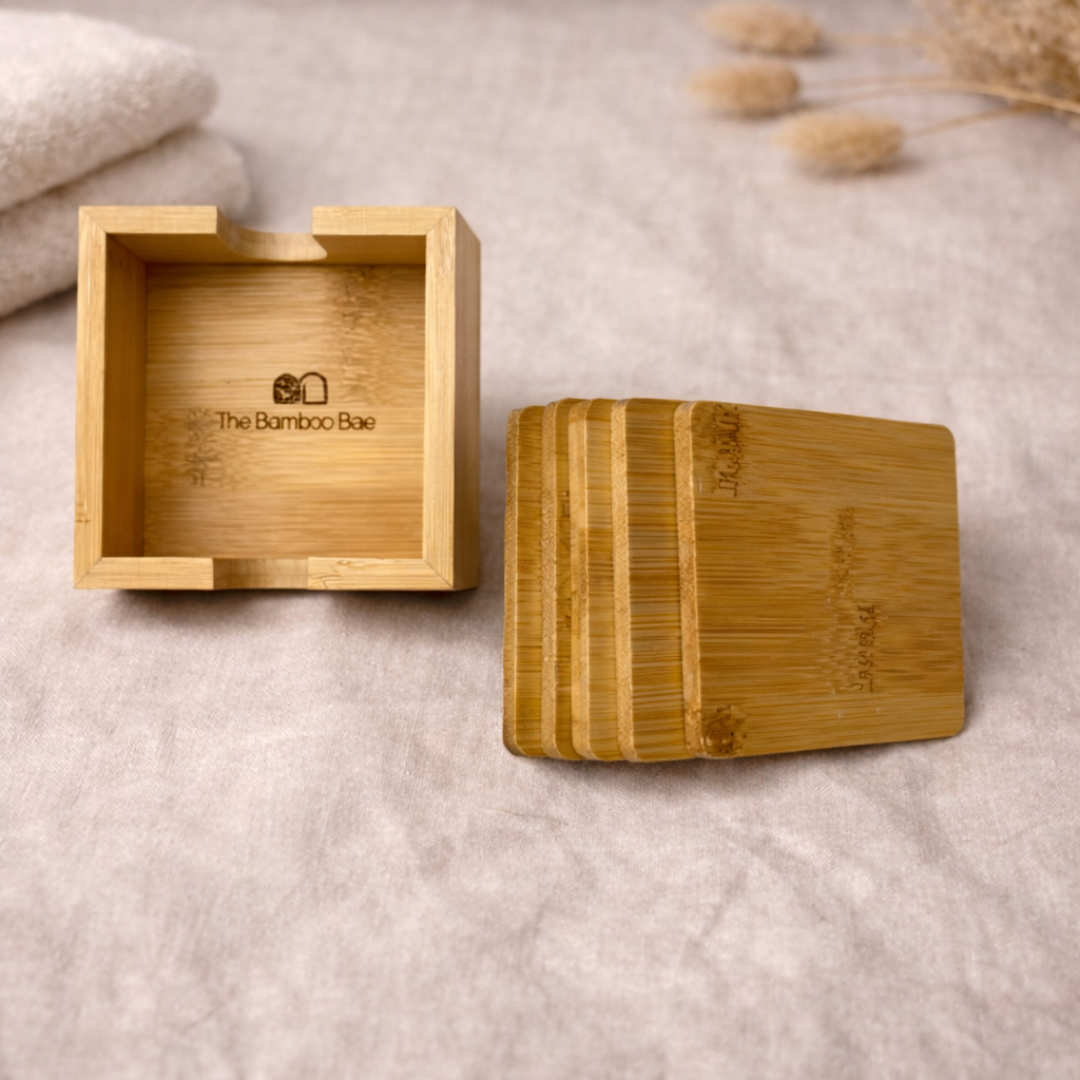 Bamboo Coaster Set with Holder | Natural Wooden Tea & Coffee Coasters (Reusable & Eco-Friendly)
