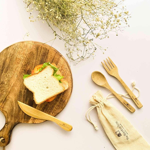 Bamboo Cutlery | Handmade & Eco Friendly Reusable Travel Cutlery | Set of Spoon, Fork, Knife, Straws with Cleaner & Cotton Pouch