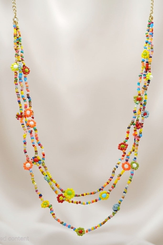 18K Gold Multi-Strand Rainbow Beaded Flower Necklace
