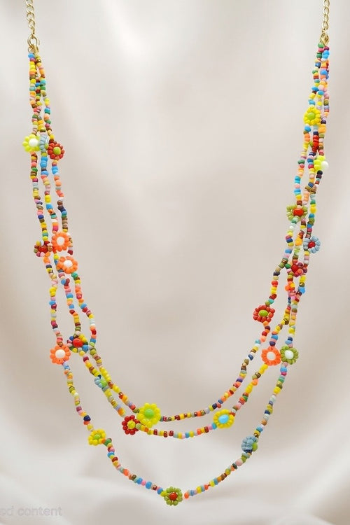 18K Gold Multi-Strand Rainbow Beaded Flower Necklace