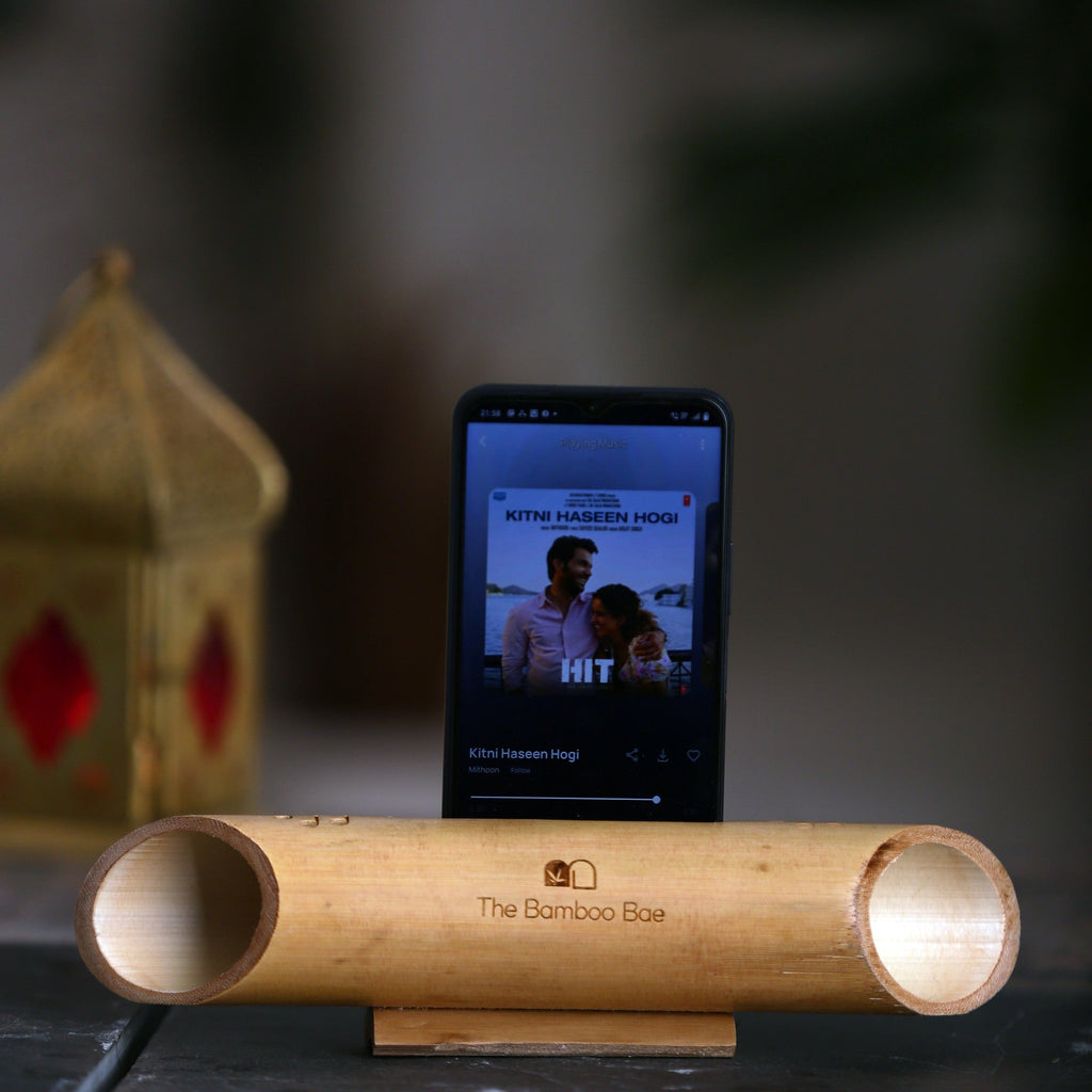 Natural Bamboo Sound Amplifier – Passive Acoustic Phone Speaker Stand | Handcrafted Bamboo Audio Booster with Carved Design | No Power, No Wires