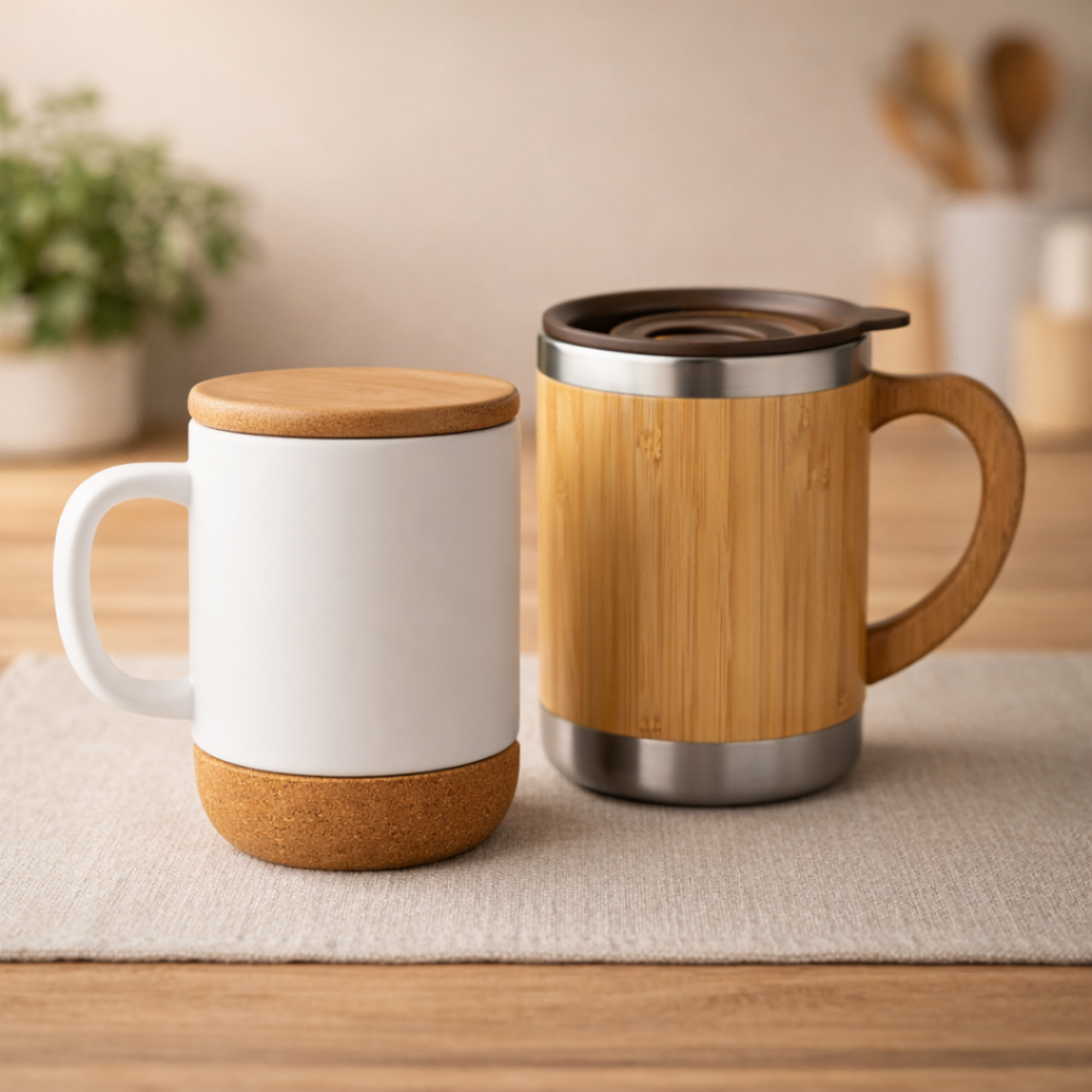Valentine Coffee Mug Duo – Bamboo Insulated Mug & Ceramic Cork Mug Gift Set