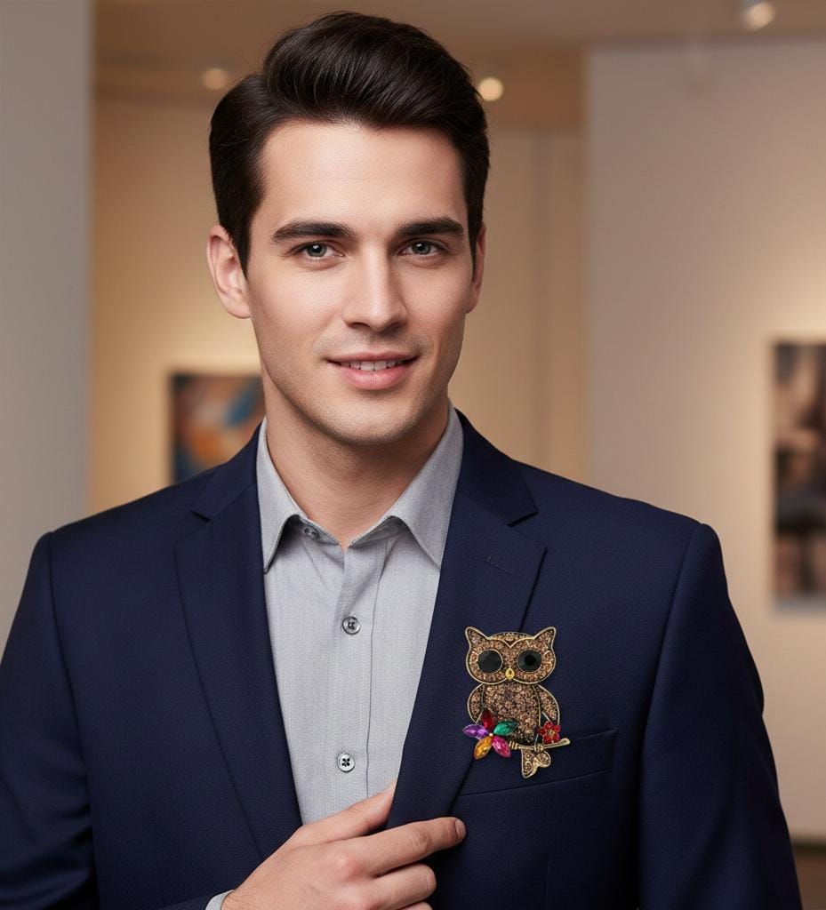 Owl shaped brooch Hot selling and trendy Unisex style for men and women Material:- Alloy copper Anti tarnish and Anti Allergic