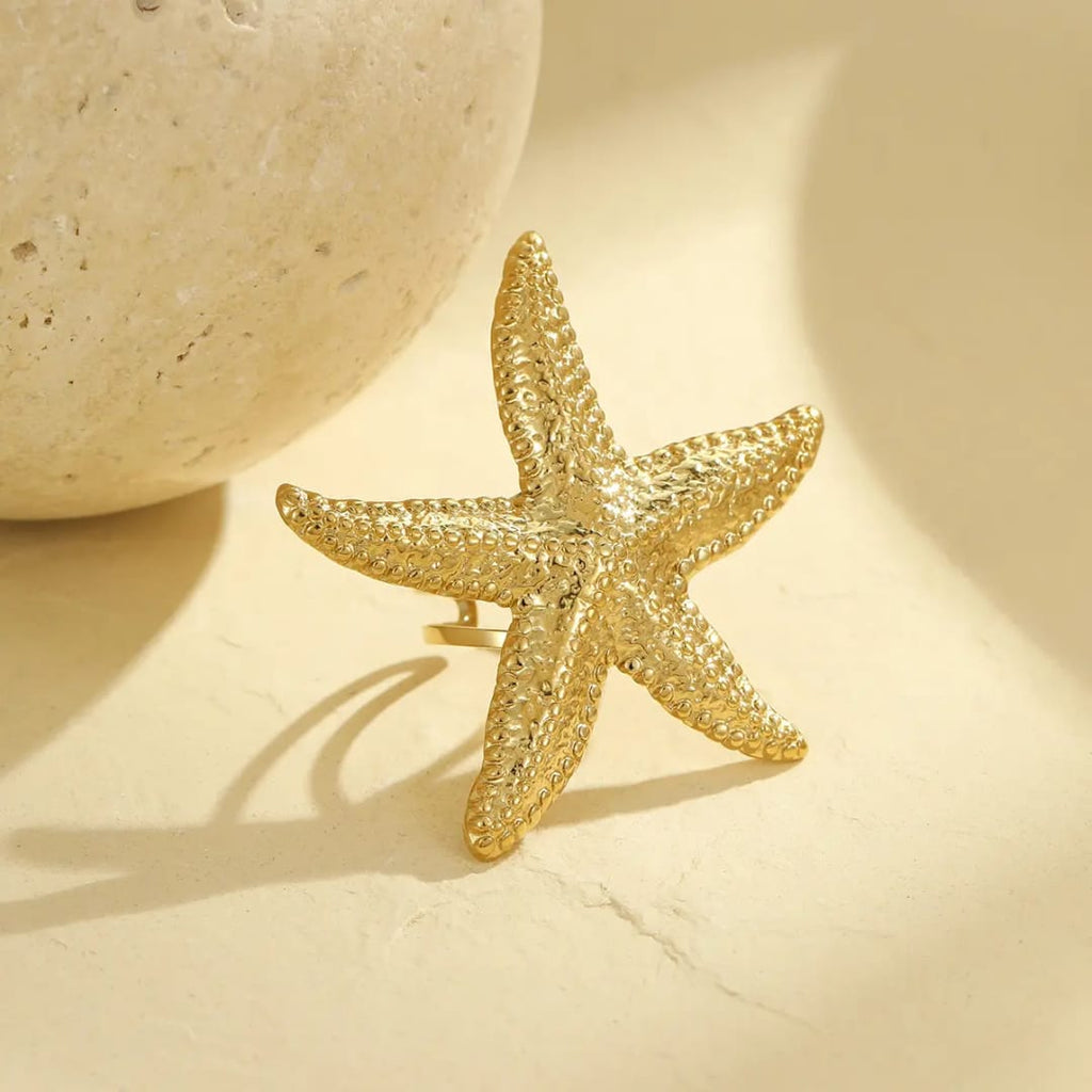 Stainless steel statement rings Starfish shaped Material:- Stainless steel with 18 k gold plated Anti tarnish and Anti Allergic Superior Quality products