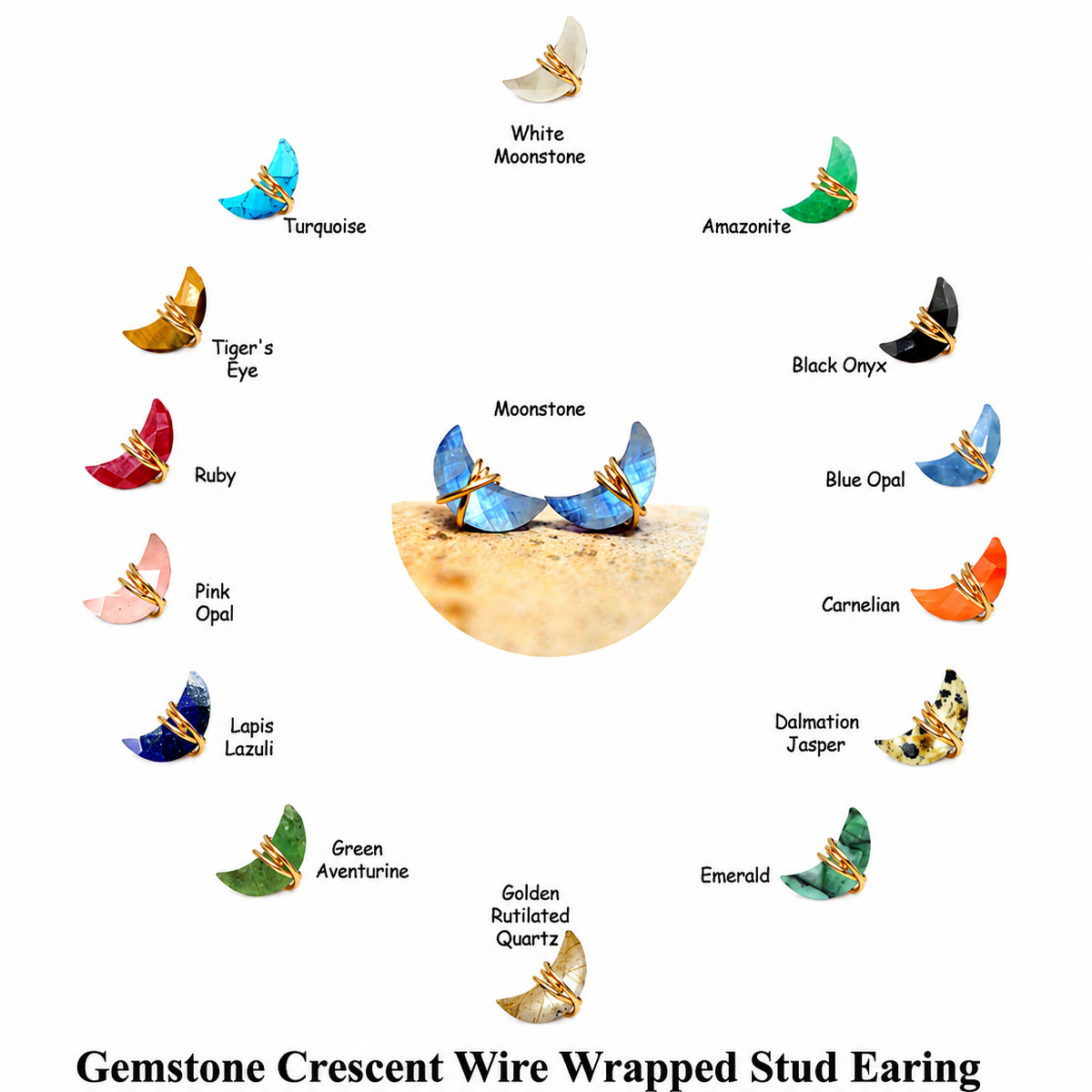 Gemstone Crescent Wire Wrapped Stud Earing