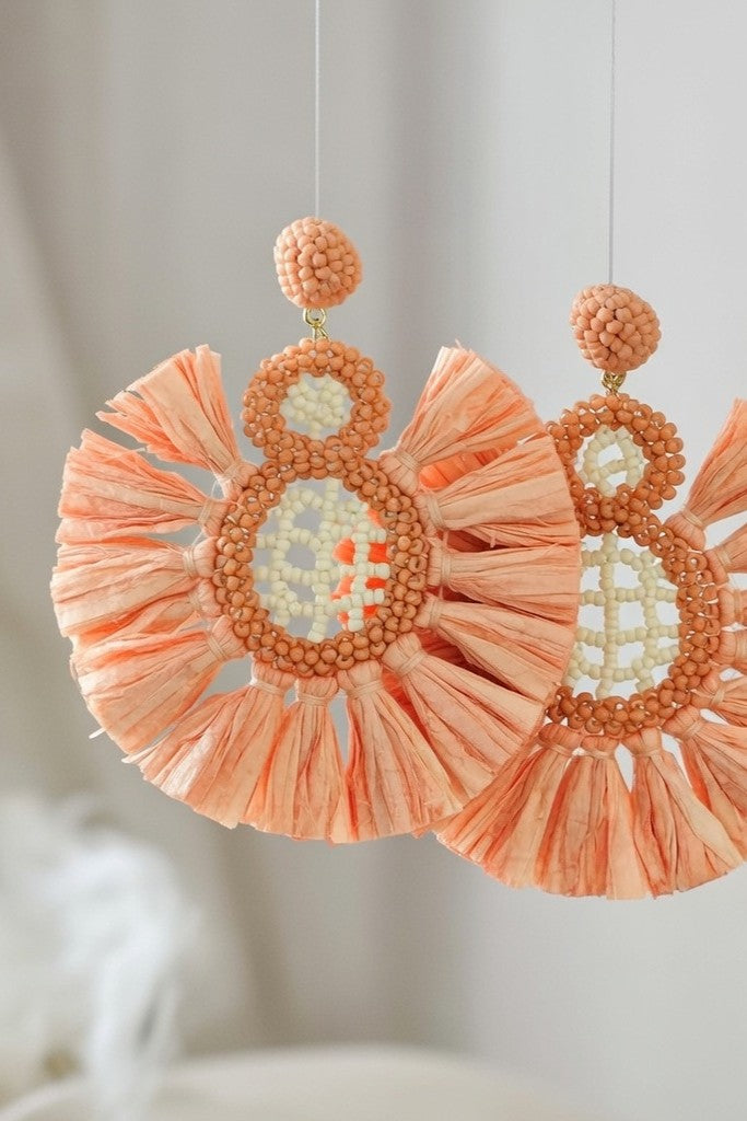 18K Gold Peach Tassel Fringe Beaded Earrings