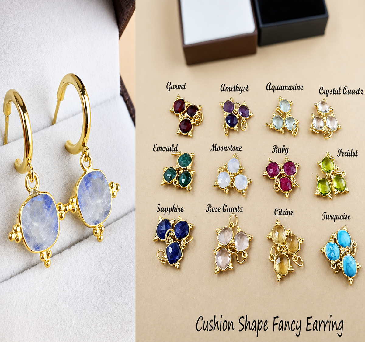 Gemstone Crescent Wire Wrapped Stud Earing