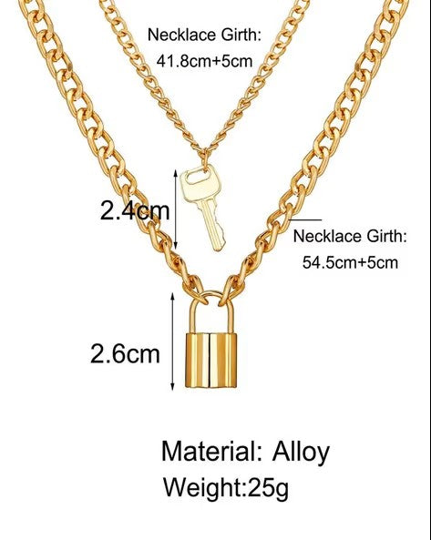 Trendy lock and key double layer neck chain