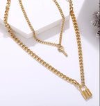 Trendy lock and key double layer neck chain
