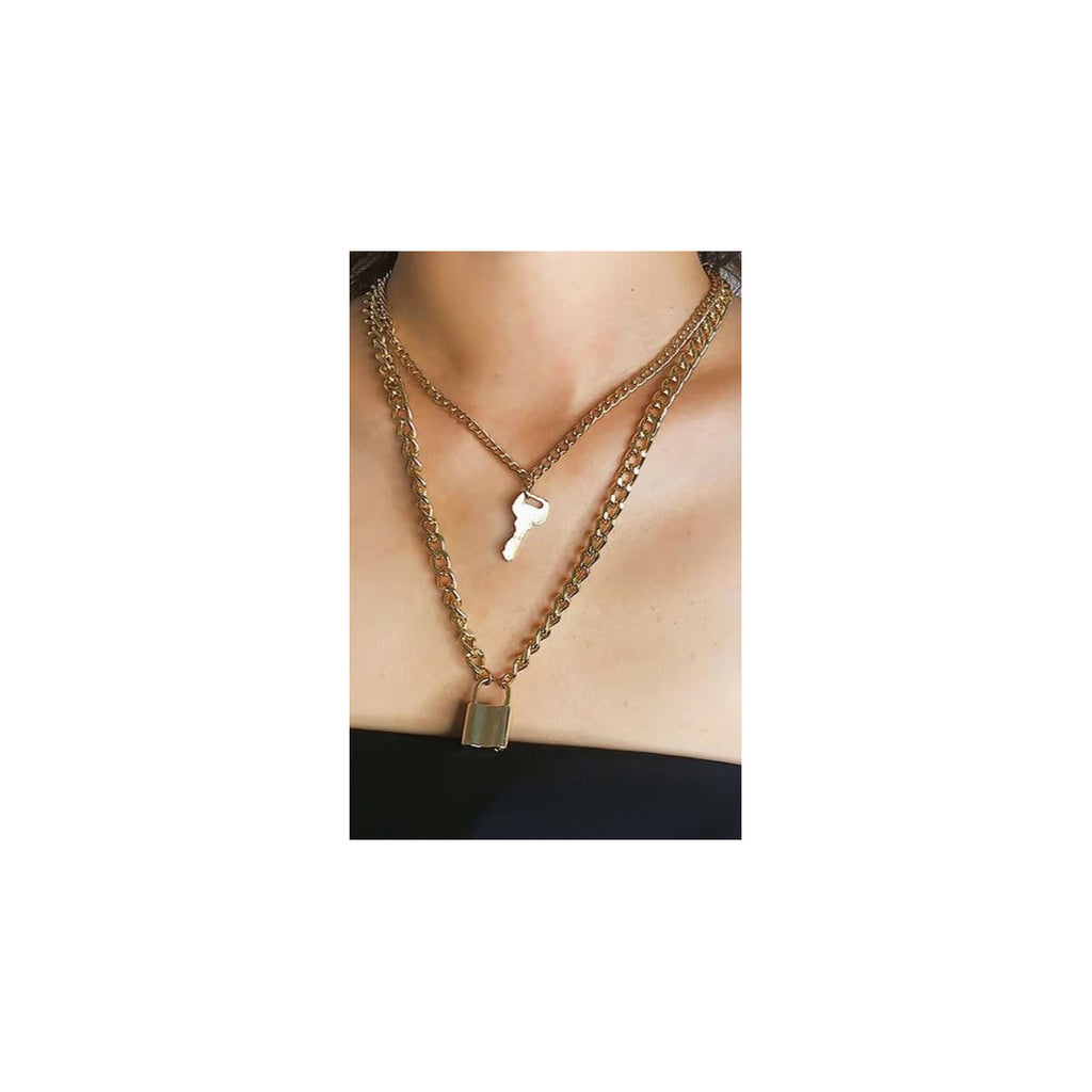 Trendy lock and key double layer neck chain
