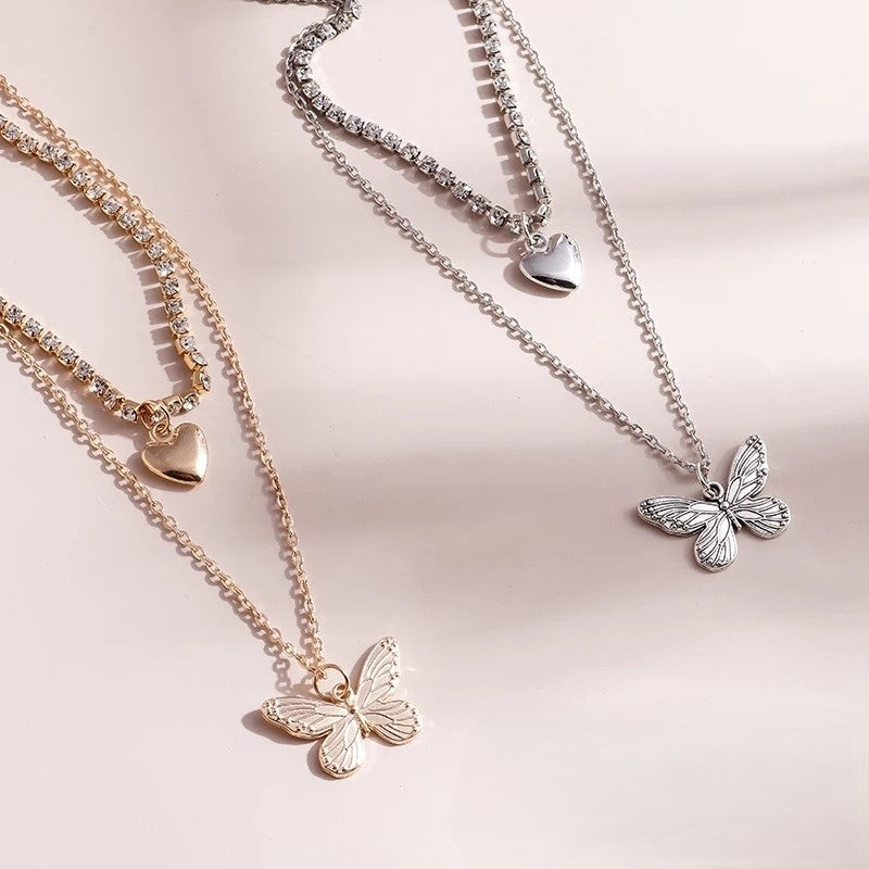 Classy double layer heart& butterfly  charming  necklace