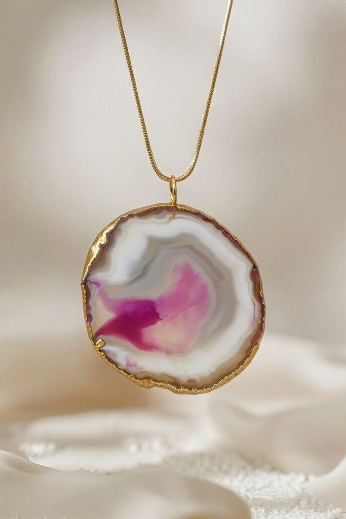 18K Gold Plated Pink Agate Slice Pendant Necklace