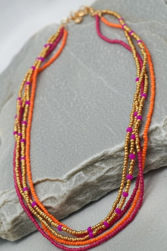 Multi-Layer Magenta Orange Glass Seed Bead Necklace
