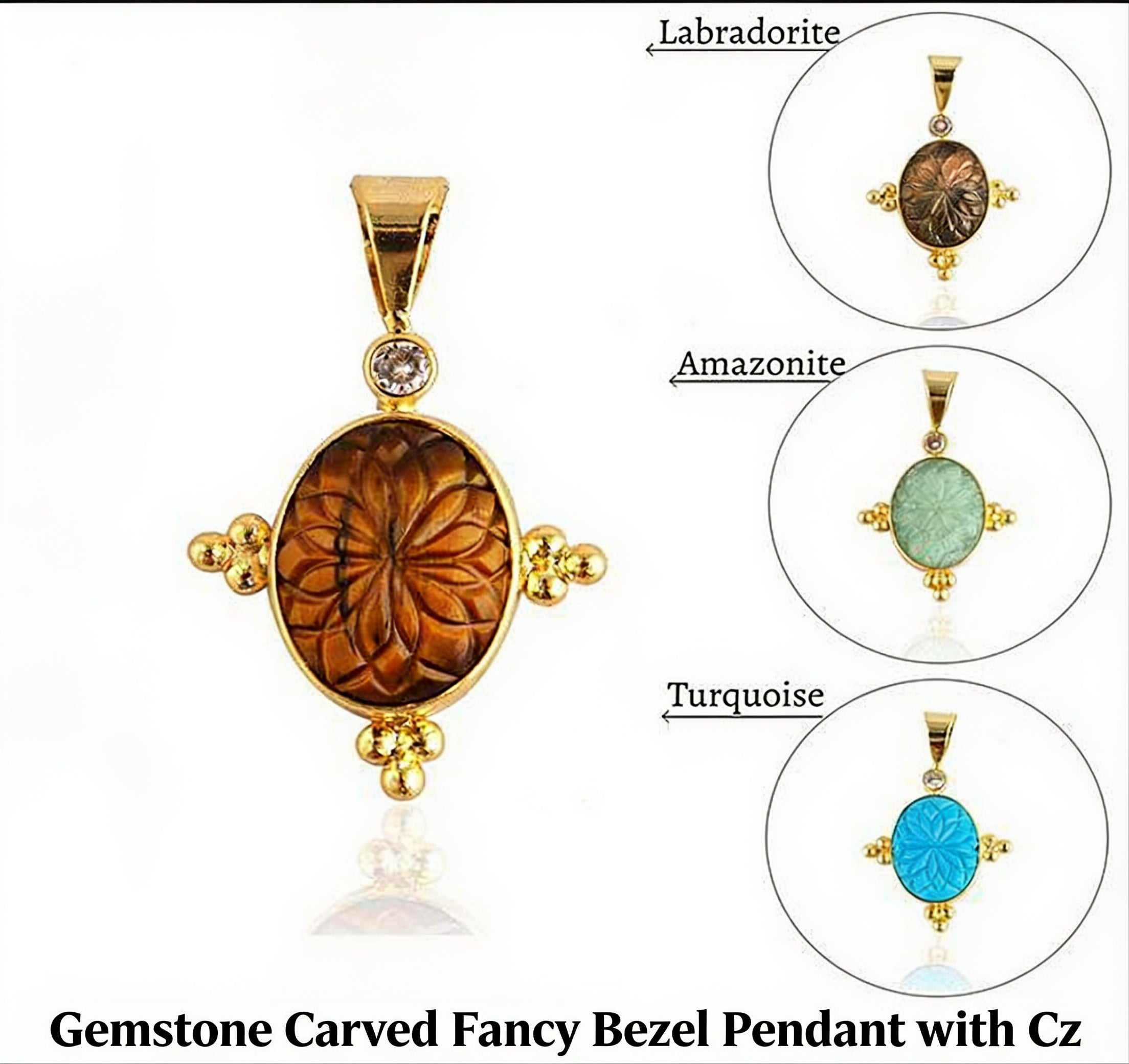 Gemstone Carved Fancy Bezel Pendant with Cz