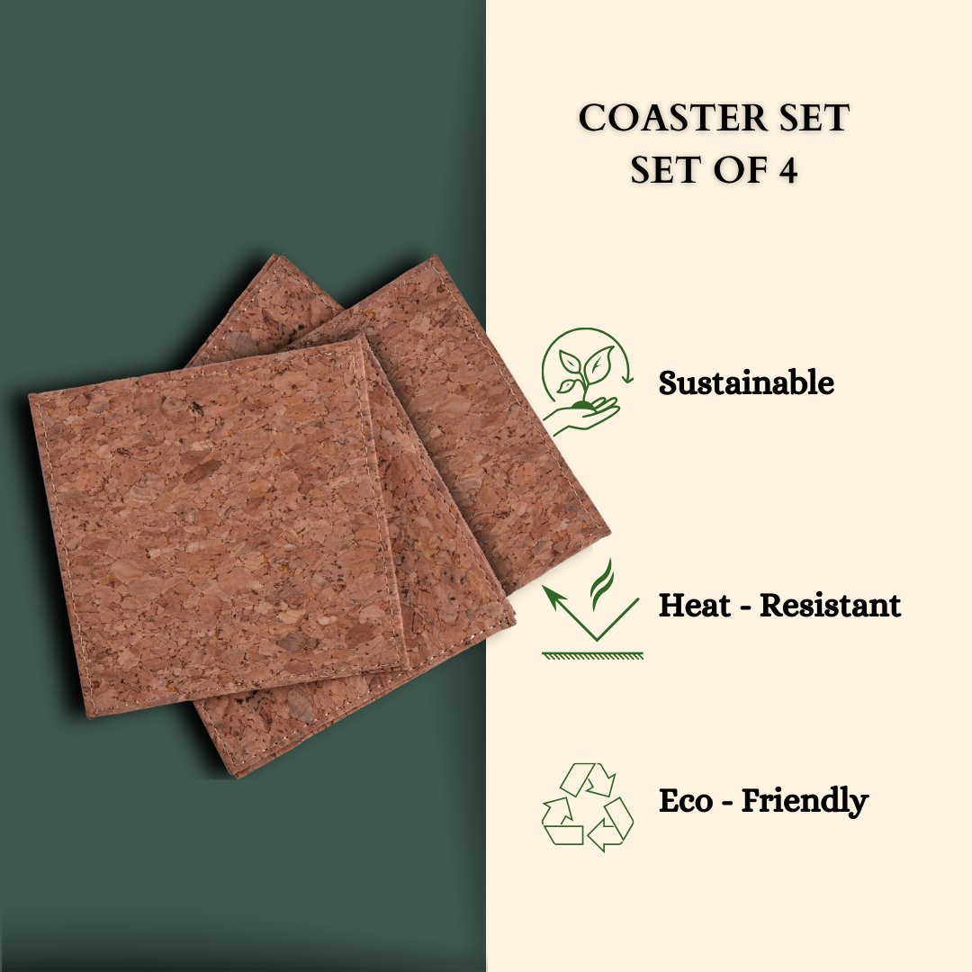 Cork Square Coaster Set | 4 pcs | Sustainable Cork Coasters | Eco friendly Drink Coasters for Home & Office