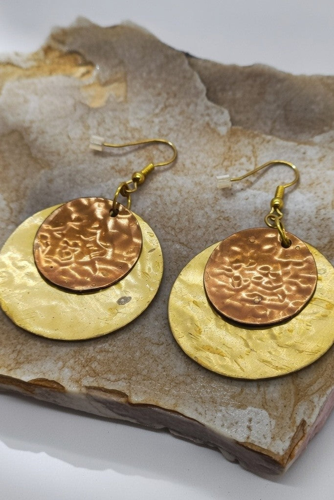 18K Gold Plated & Copper Hammered Disc Drop Earrings