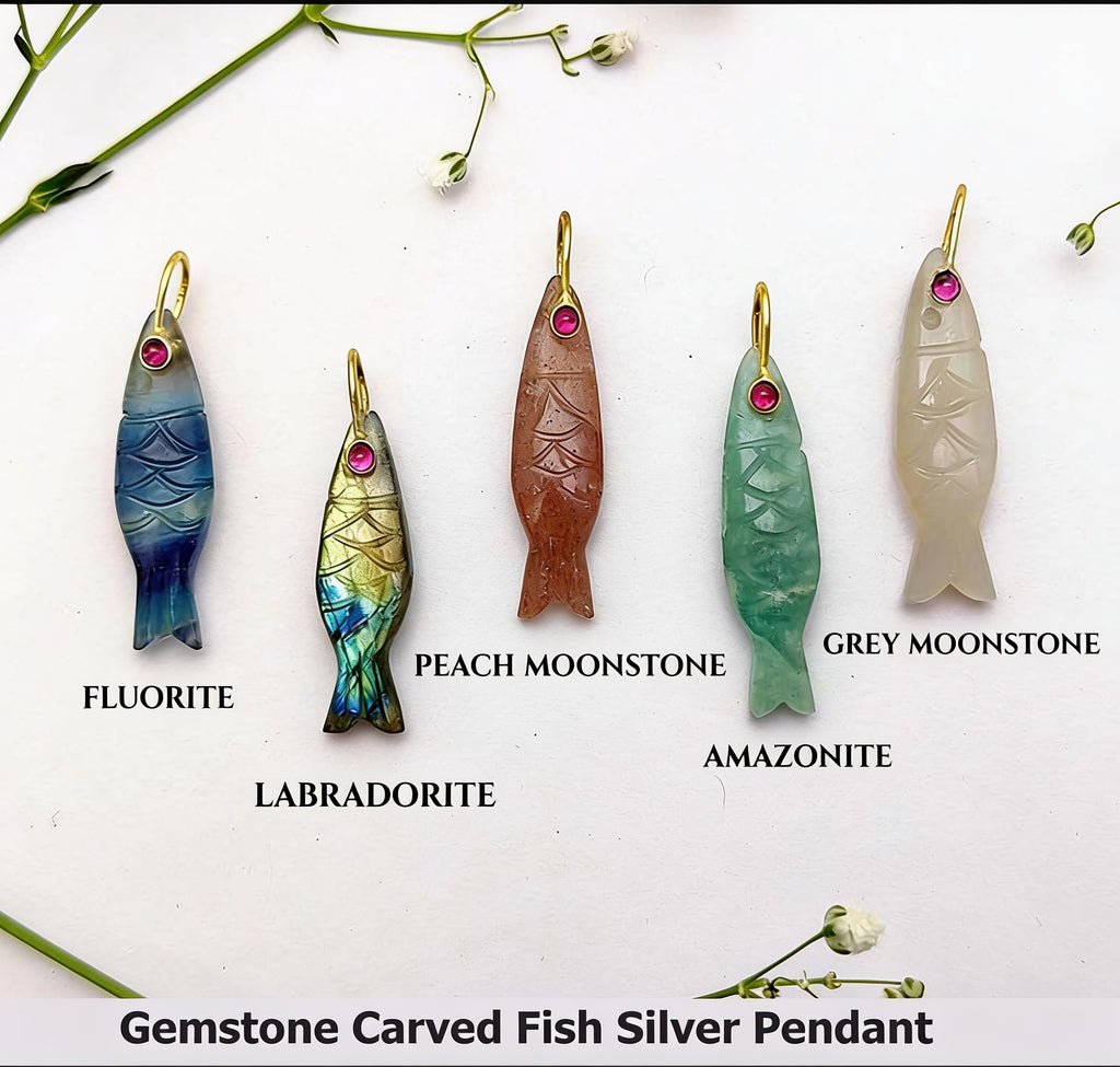 Gemstone Carved Fish Silver Pendant
