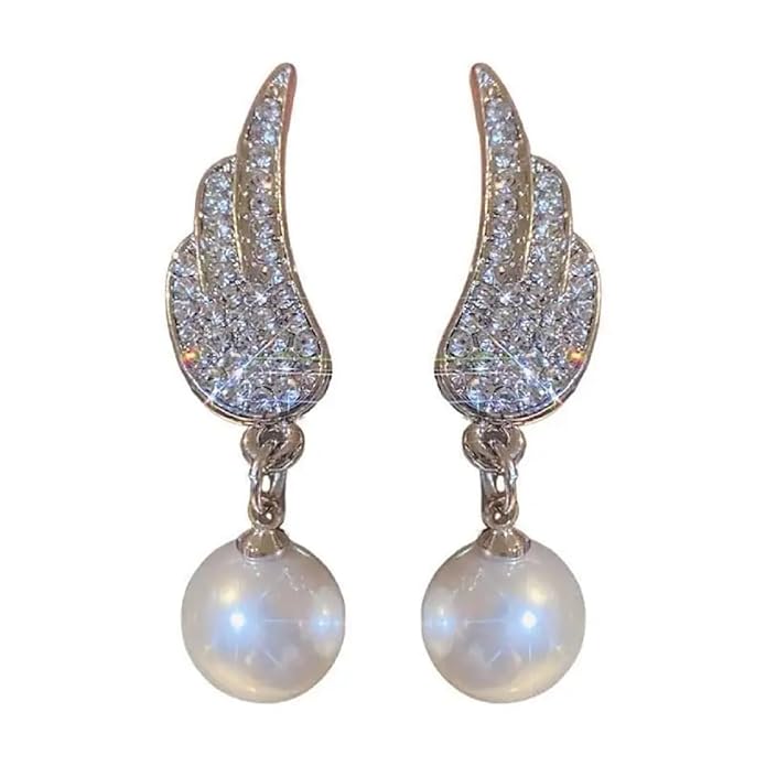Angel Wings Earrings with pearl Material:- Alloy Copper+ Stones + Silver plating Colour:- Silver
