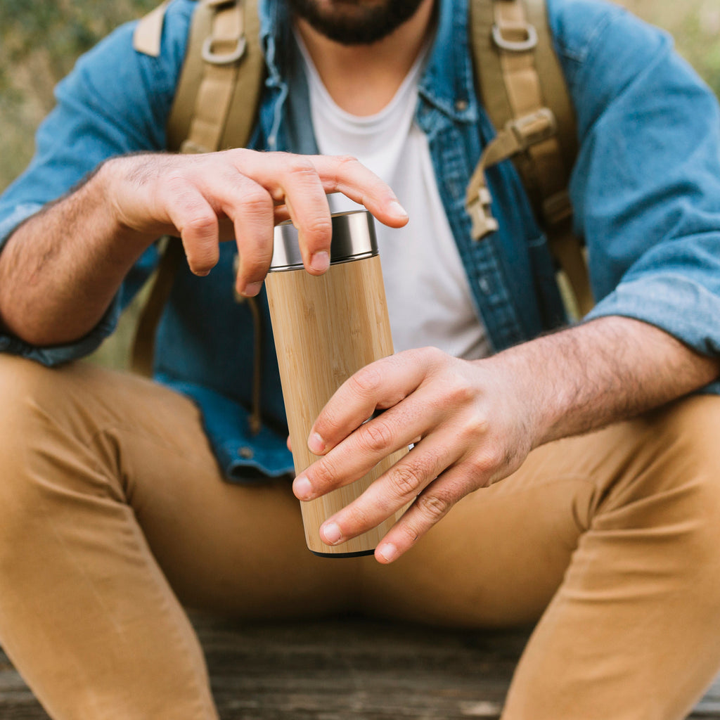 Bamboo Water Bottle with Stainless Steel Flask & Tea Strainer | Double Wall Vacuum Insulated Hot & Cold Bottle (500ml) | Leak-Proof Eco-Friendly Bamboo Bottle for Daily Hydration