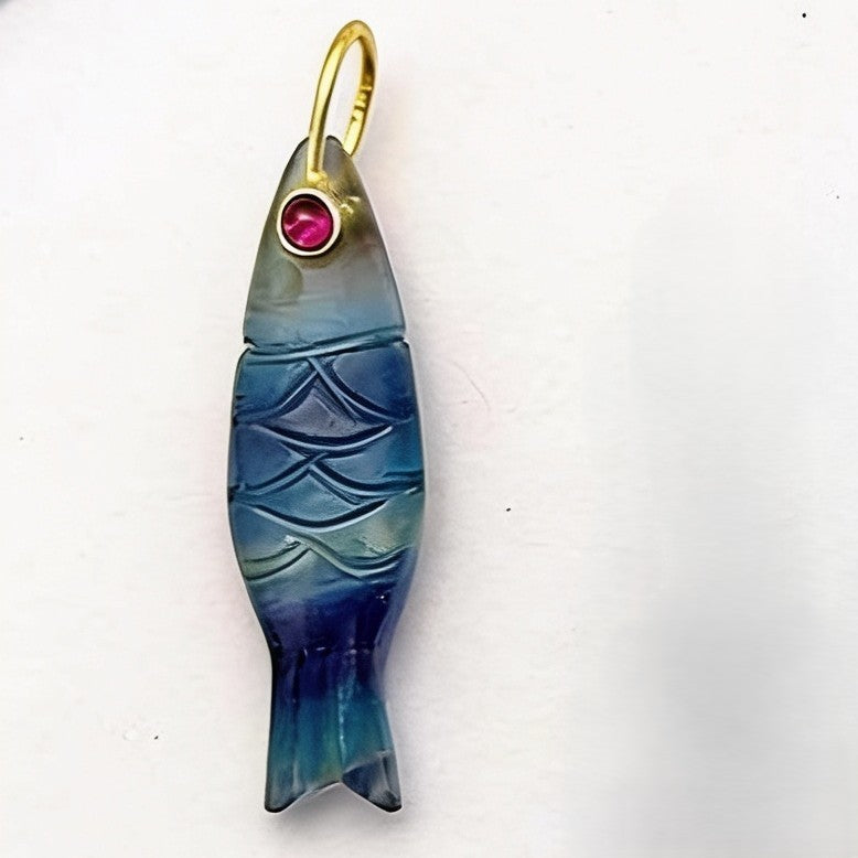 Gemstone Carved Fish Silver Pendant