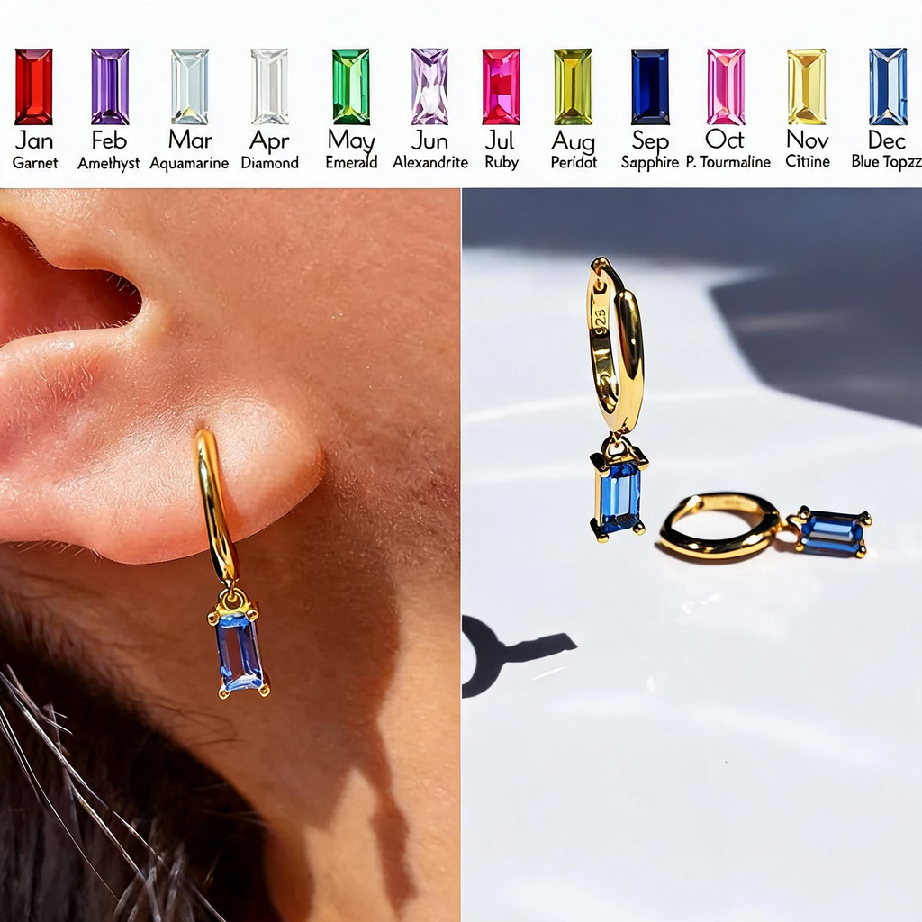 Baguette Birthstone Dangle Earrings