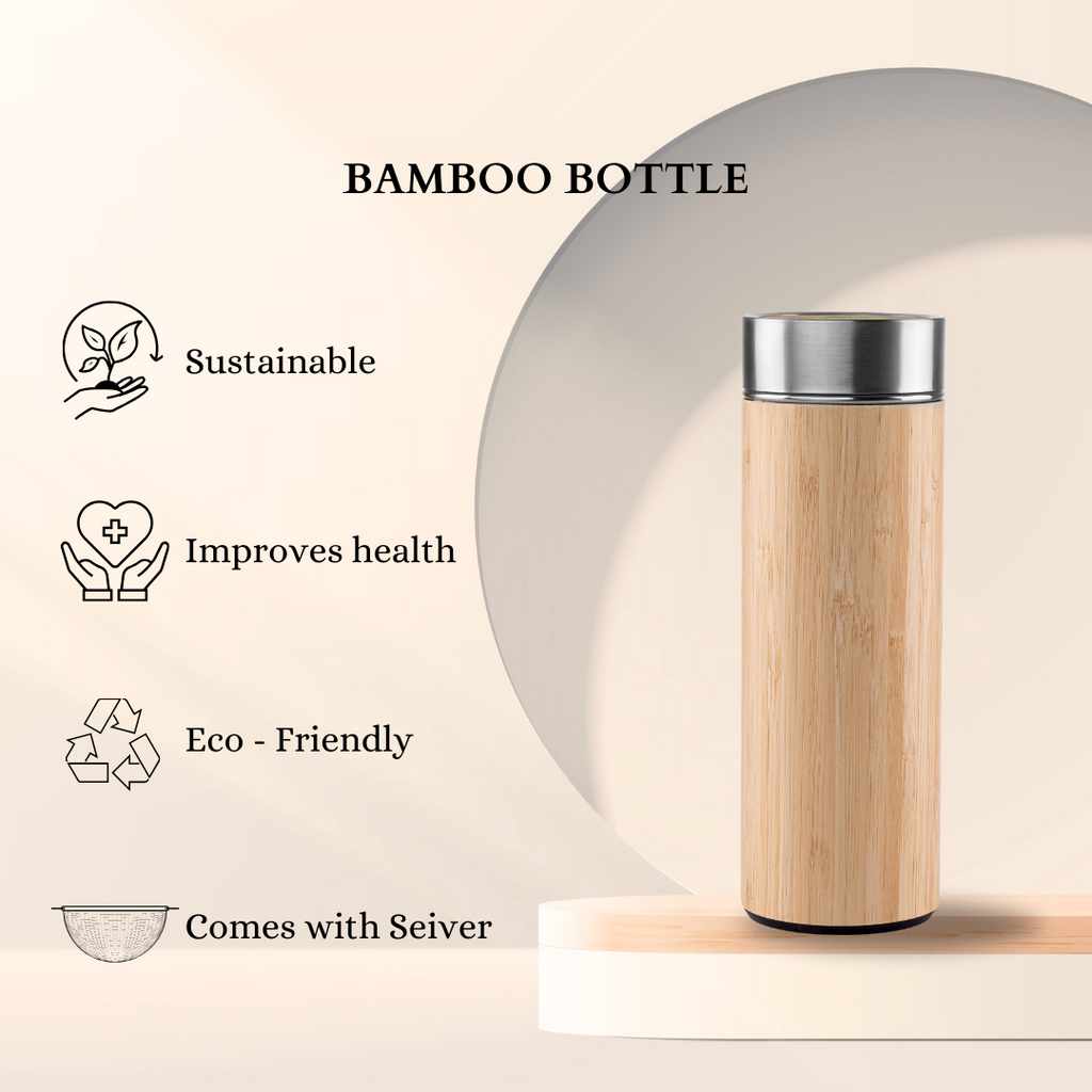 Bamboo Water Bottle with Stainless Steel Flask & Tea Strainer | Double Wall Vacuum Insulated Hot & Cold Bottle (500ml) | Leak-Proof Eco-Friendly Bamboo Bottle for Daily Hydration