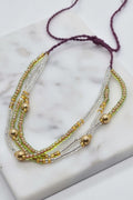 18K Gold Multi-Strand Lime Green Peach Glass Seed Bead Necklace