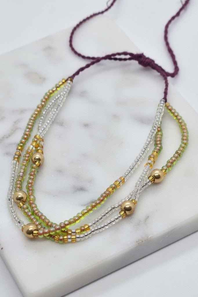 18K Gold Multi-Strand Lime Green Peach Glass Seed Bead Necklace