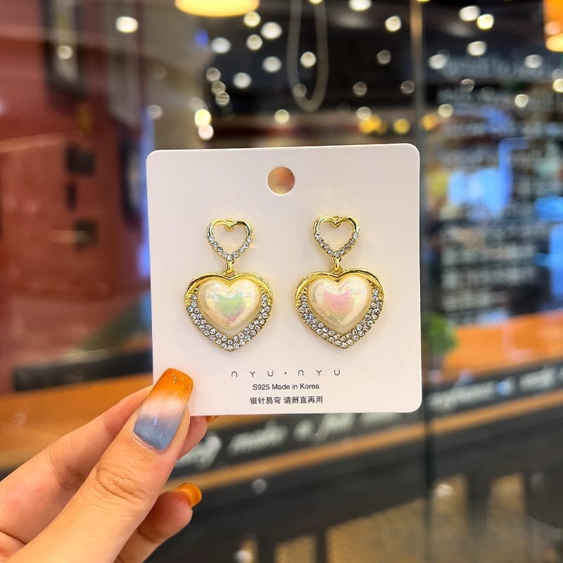 Heart Shape Rhinestones & Pearl Earrings