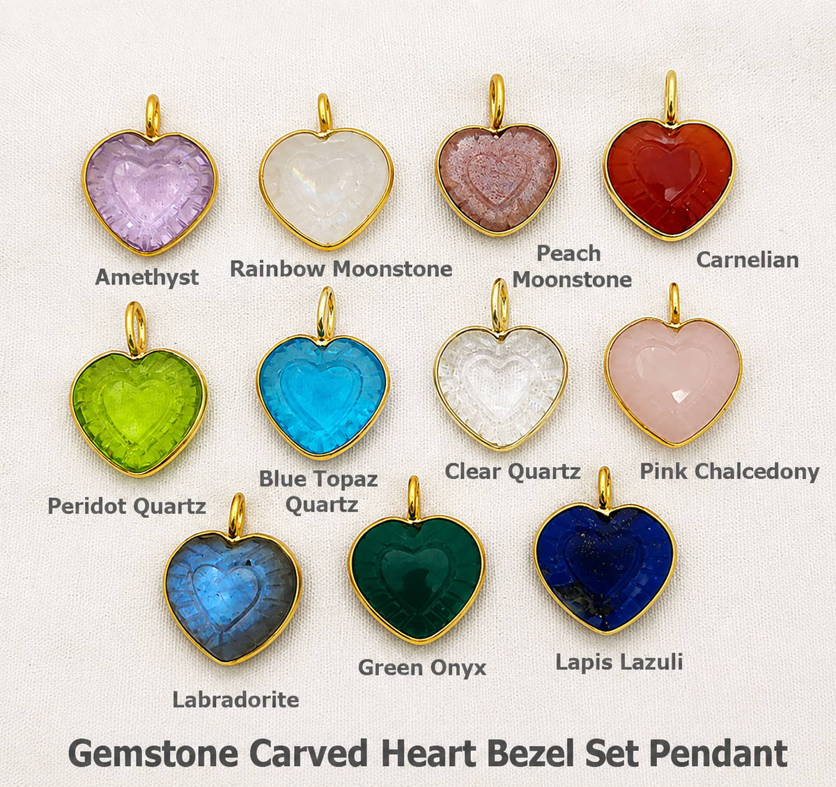 Gemstone Carved Heart Bezel Set Pendant