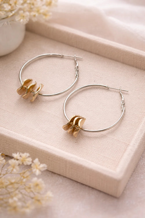 Dual-Tone Hoop Earrings with 18K Gold Accents – Silver Finish Metal Hoops