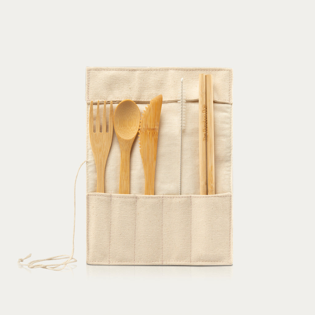 Bamboo Cutlery Set with Canvas Pouch – Reusable Travel Essentials - The Bamboo Bae