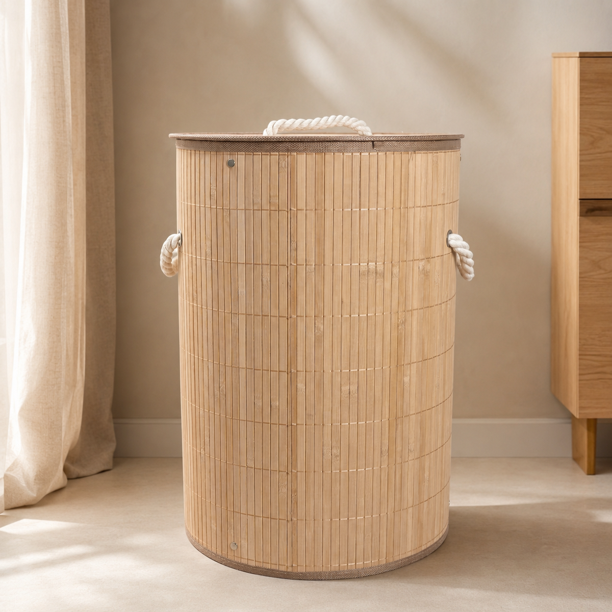 Bamboo Laundry Basket with Removable Fabric Liner & Cotton Rope Handles