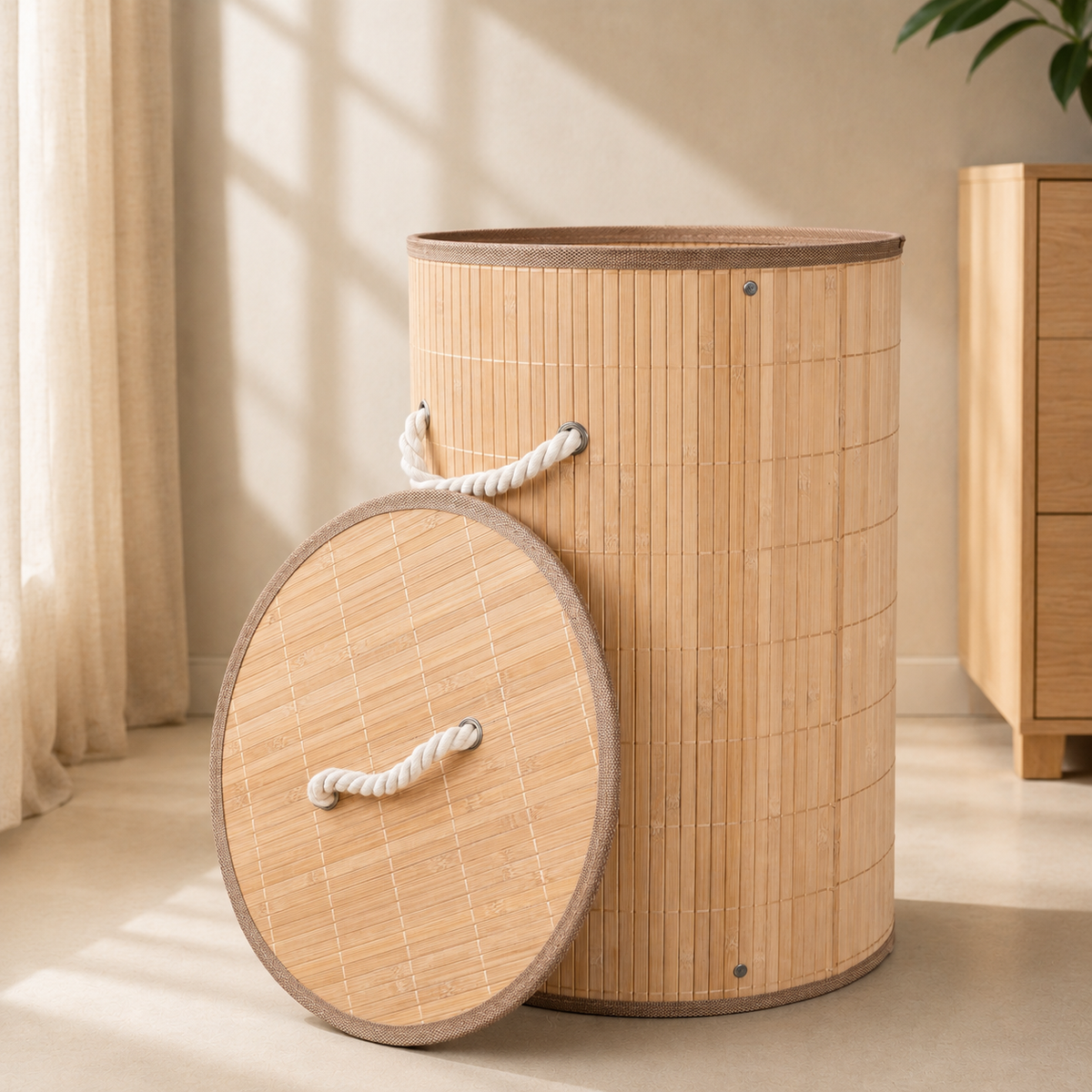 Bamboo Laundry Basket with Removable Fabric Liner & Cotton Rope Handles