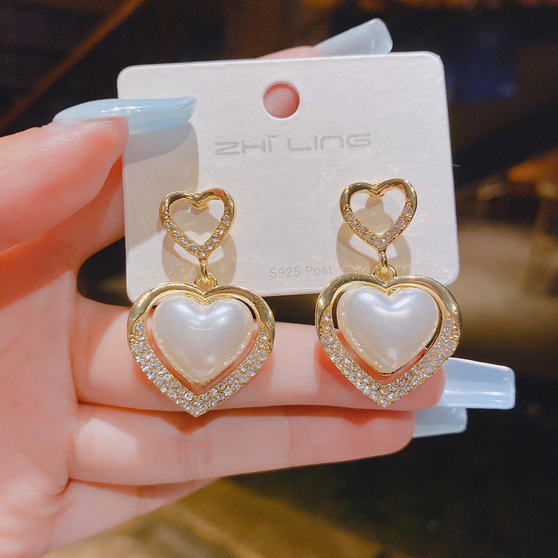 Heart Shape Rhinestones & Pearl Earrings