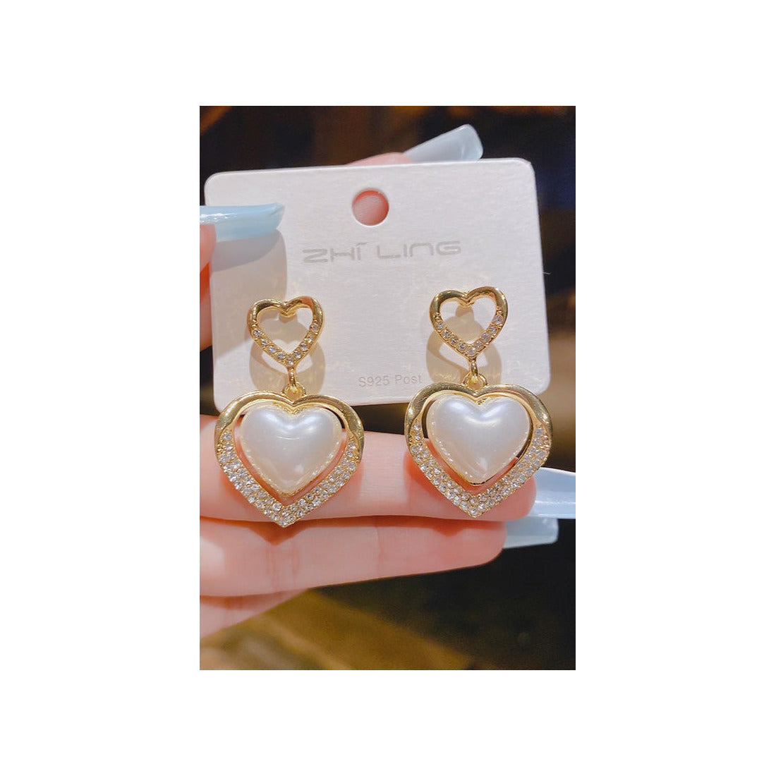 Heart Shape Rhinestones & Pearl Earrings