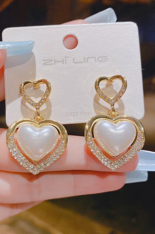 Heart Shape Rhinestones & Pearl Earrings