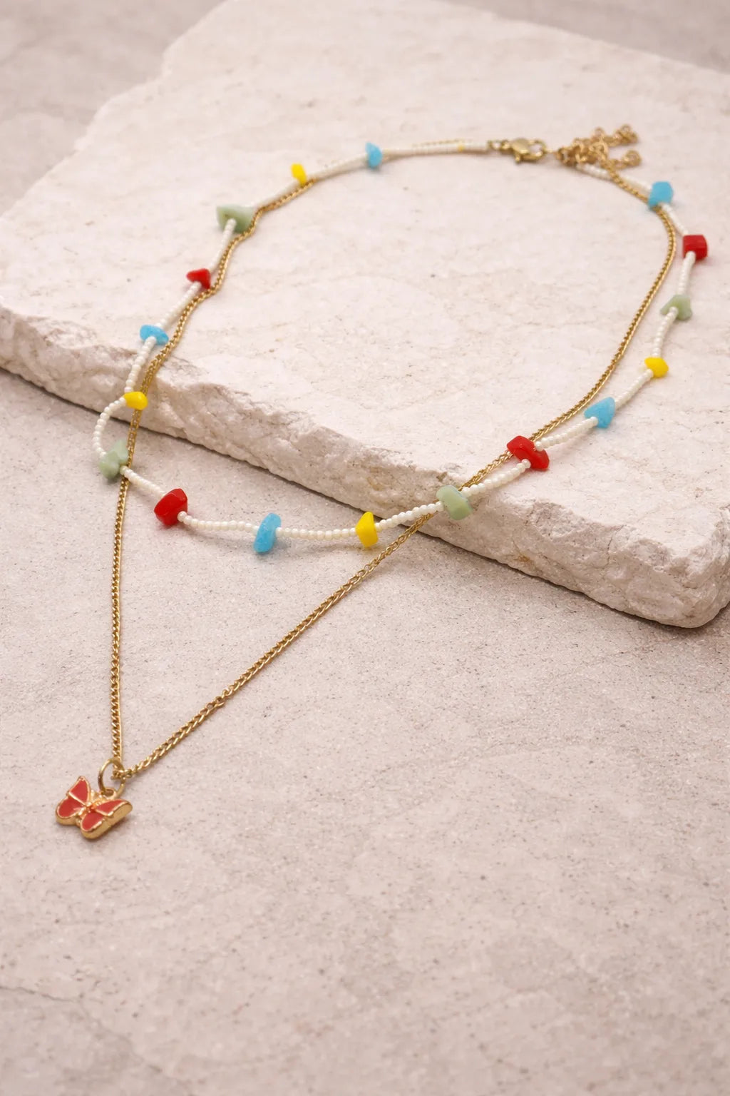 Multicolor Bead Gold Plated Necklace with Butterfly Charm