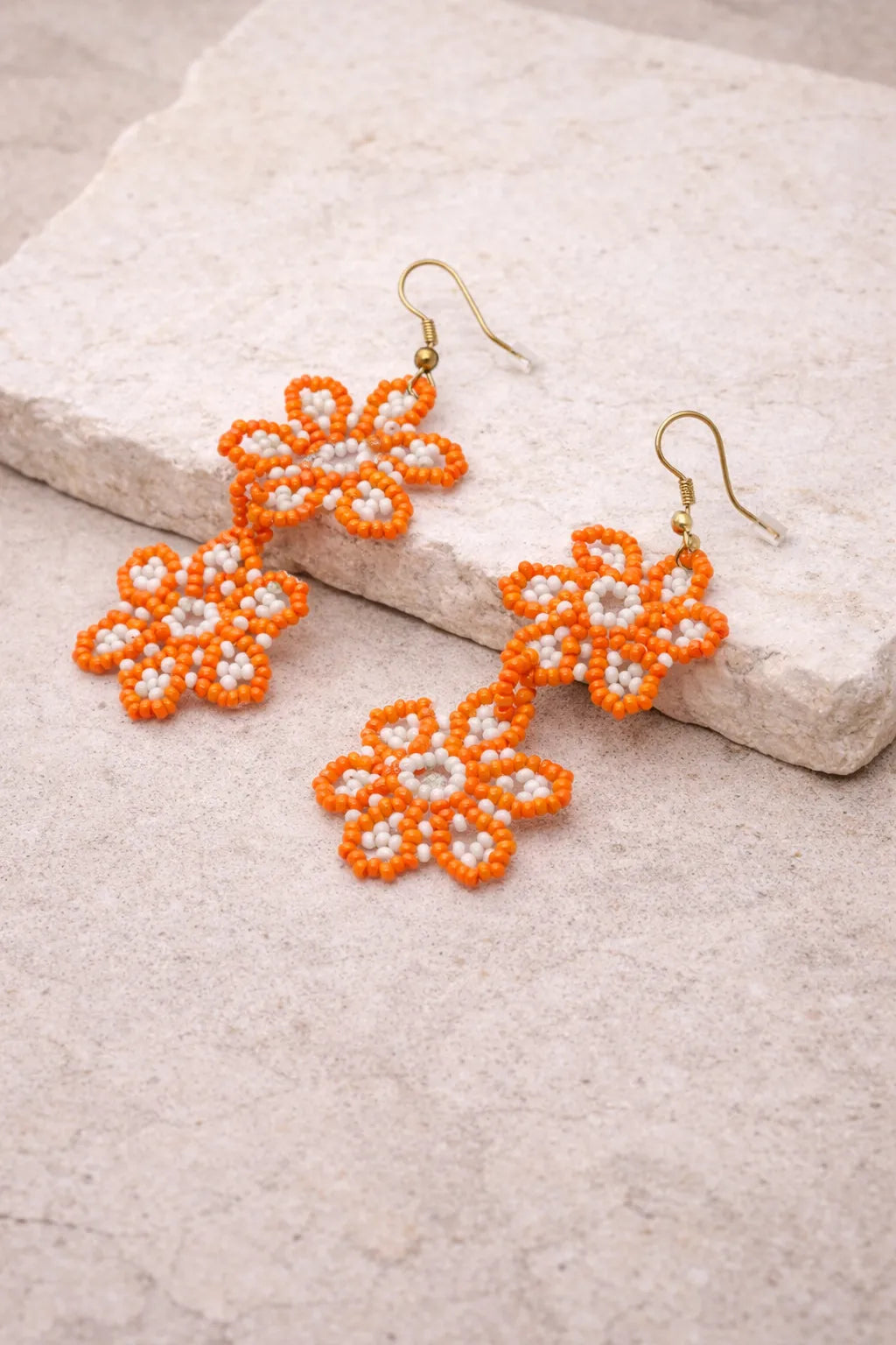 Orange Floral Beaded 18K Gold Plated Drop Earrings