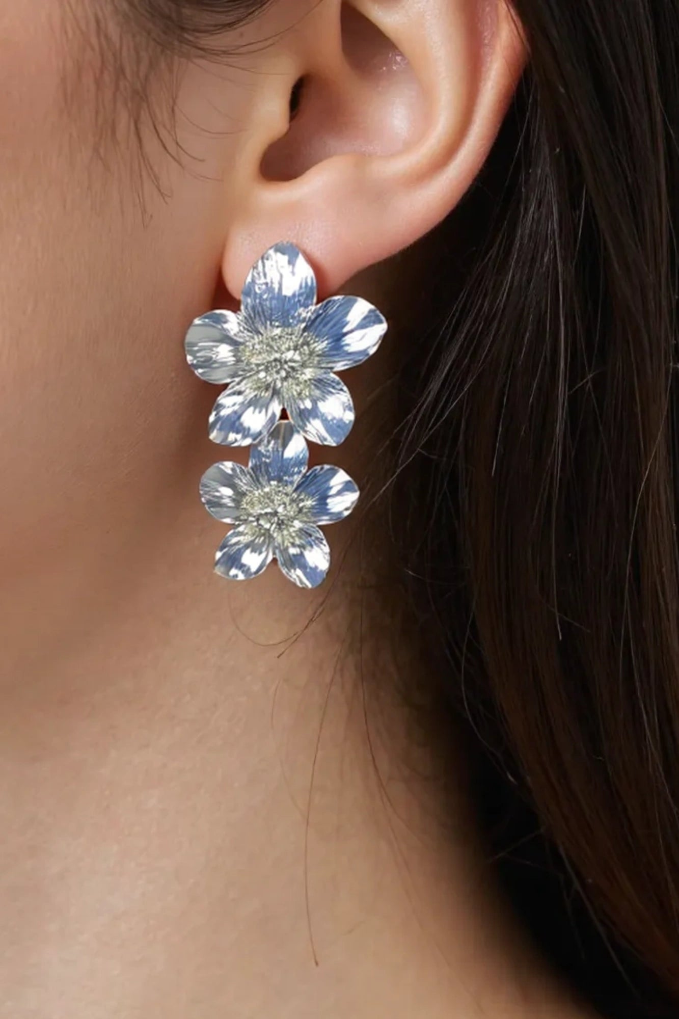 OMID Silver Colour Large Flower Earrings