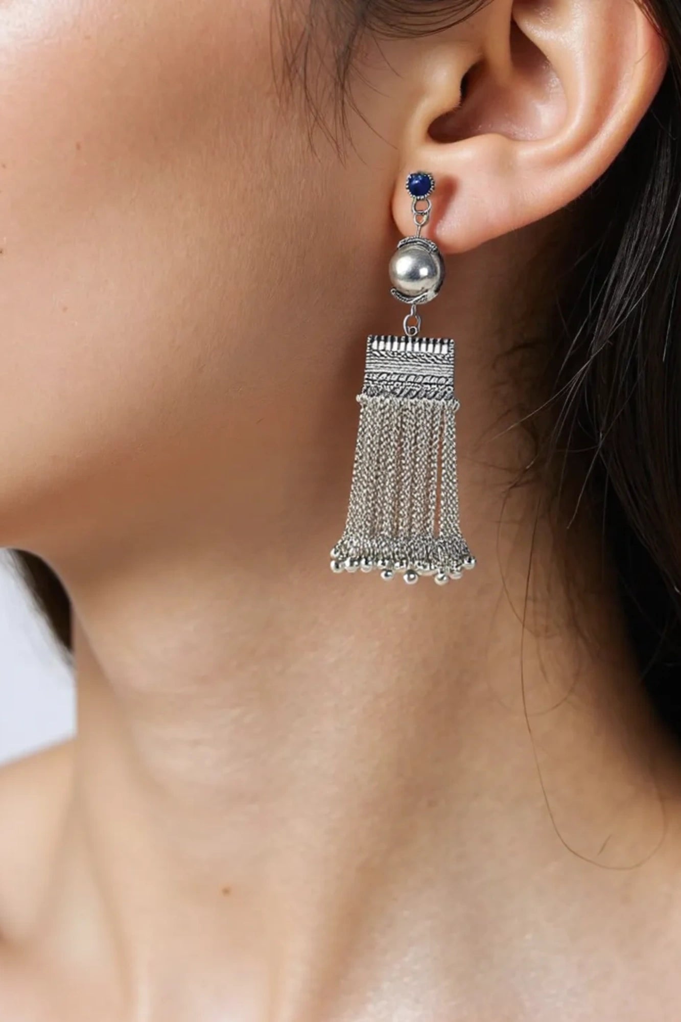 OMID Silver Tone Layered Chain Dangler Earrings