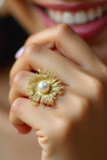 OMID Golden Sun Rays Shaped With Pearl Embedded Finger Ring