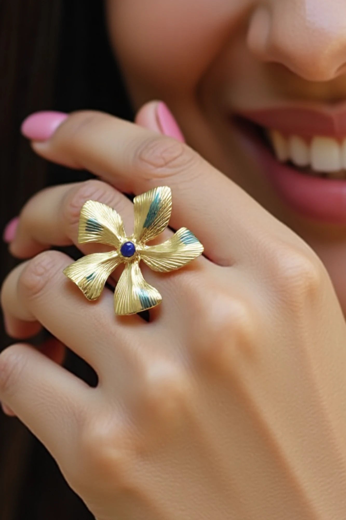 OMID Golden Flower Shaped with Stone Finger Ring