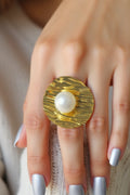 OMID Oval Golden Plate with Pearl Finger Ring