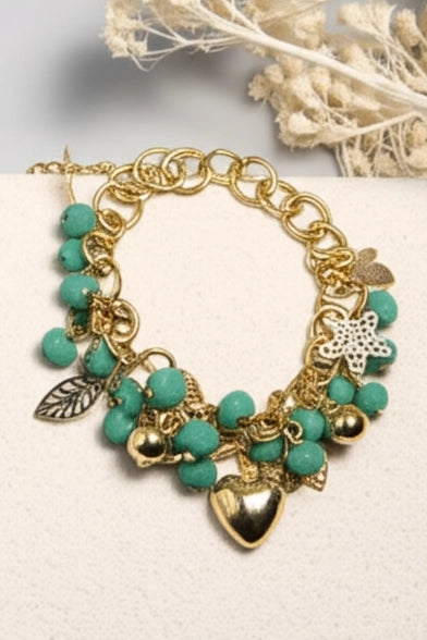 OMID Link Bracelet with Green Beads and Charms