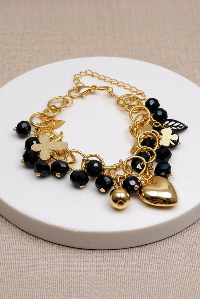 OMID Link Bracelet with Black Beads and Charms