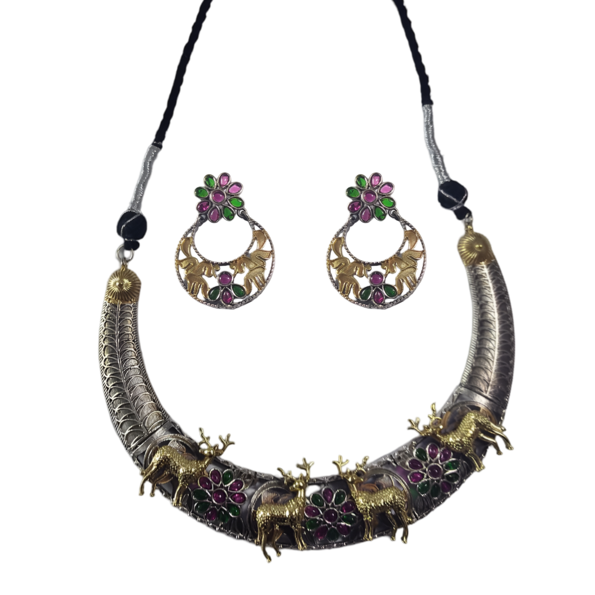 OMID Dual Tone Dear Mounted Ethnic Necklace and Earring Set