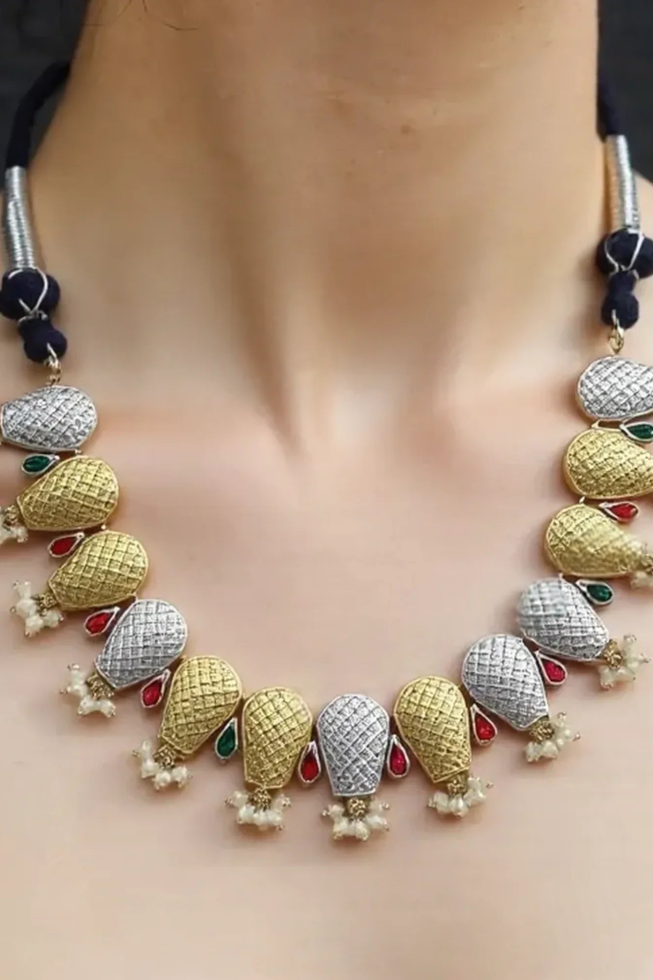 OMID Dual Tone Pineapple Shape Ethnic Necklace and Earring Set