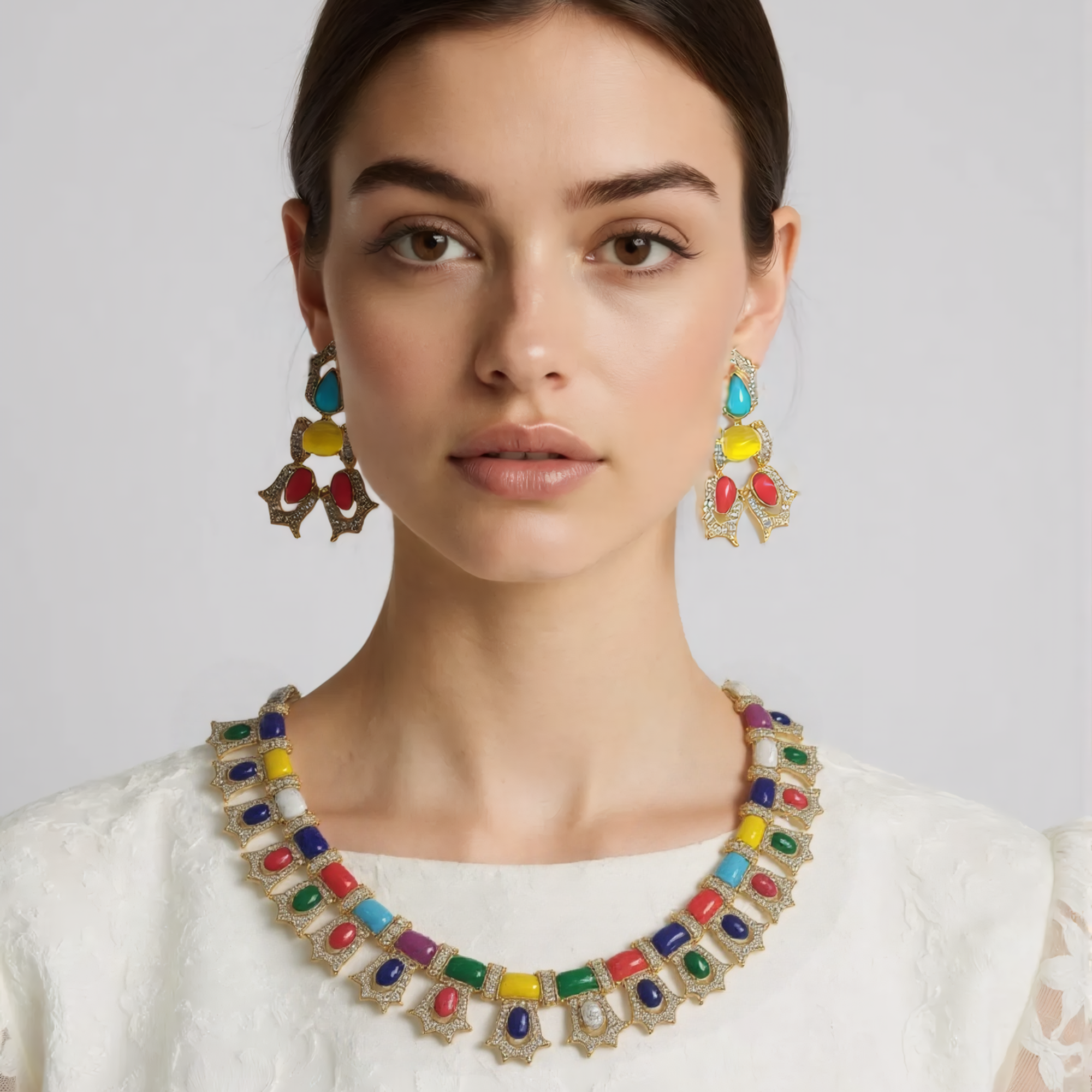 OMID Multi Colour Stone Necklace and Earring Set