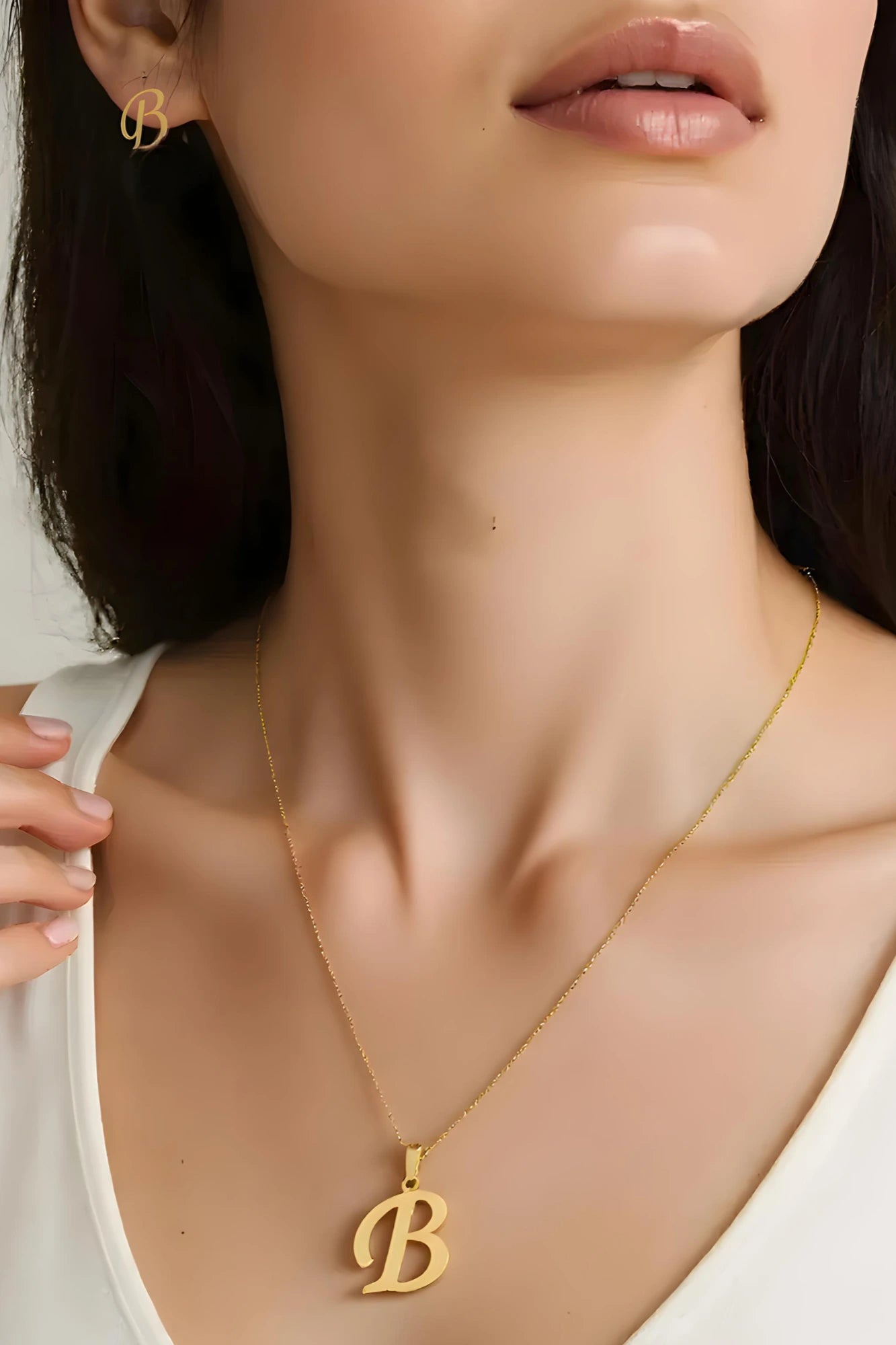 OMID Gold Plated Initial "B" Pendant Necklace With Stud Earrings Set  For Women and Girls